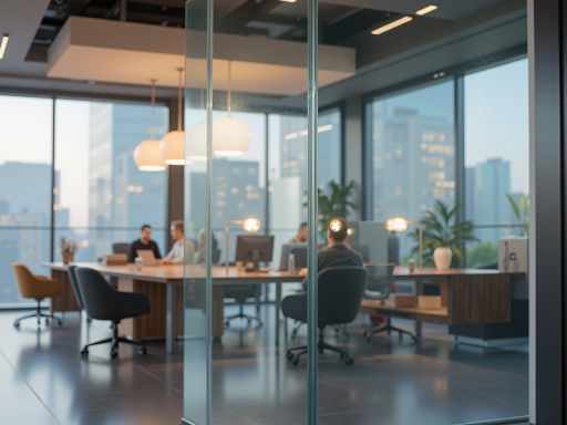 现代办公环境室内场景,宽敞明亮的会议室,玻璃隔断设计,多名商务人士正在讨论项目,白色背景墙,专业照明设备,正式商务氛围