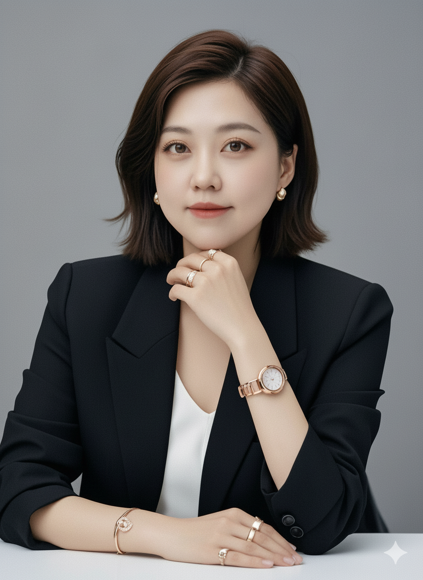 三十岁左右亚洲女性高管头像,穿深蓝色西装外套,白色衬衫,黑色背景,专业商务形象,自信微笑表情,正式职业装束